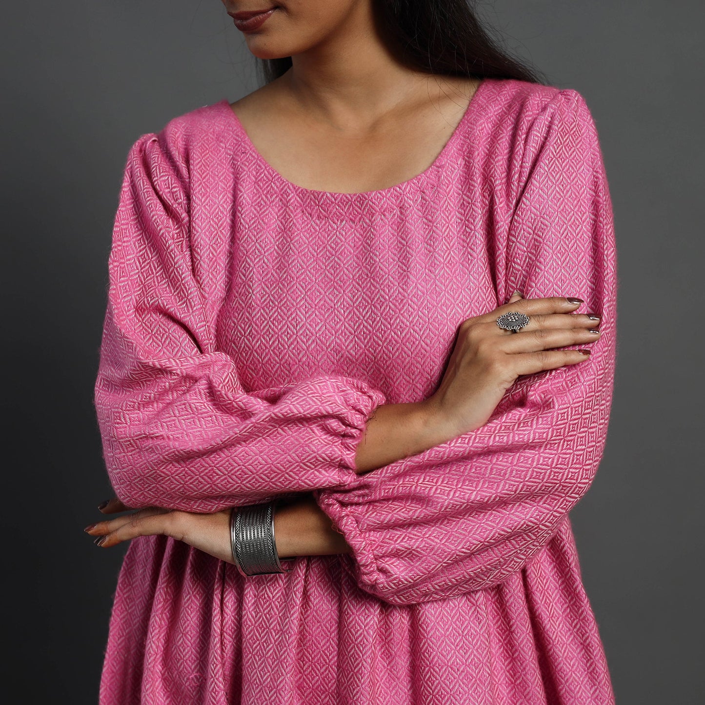 Mehak rose pink plain flared woolen dress 02 - handcrafted