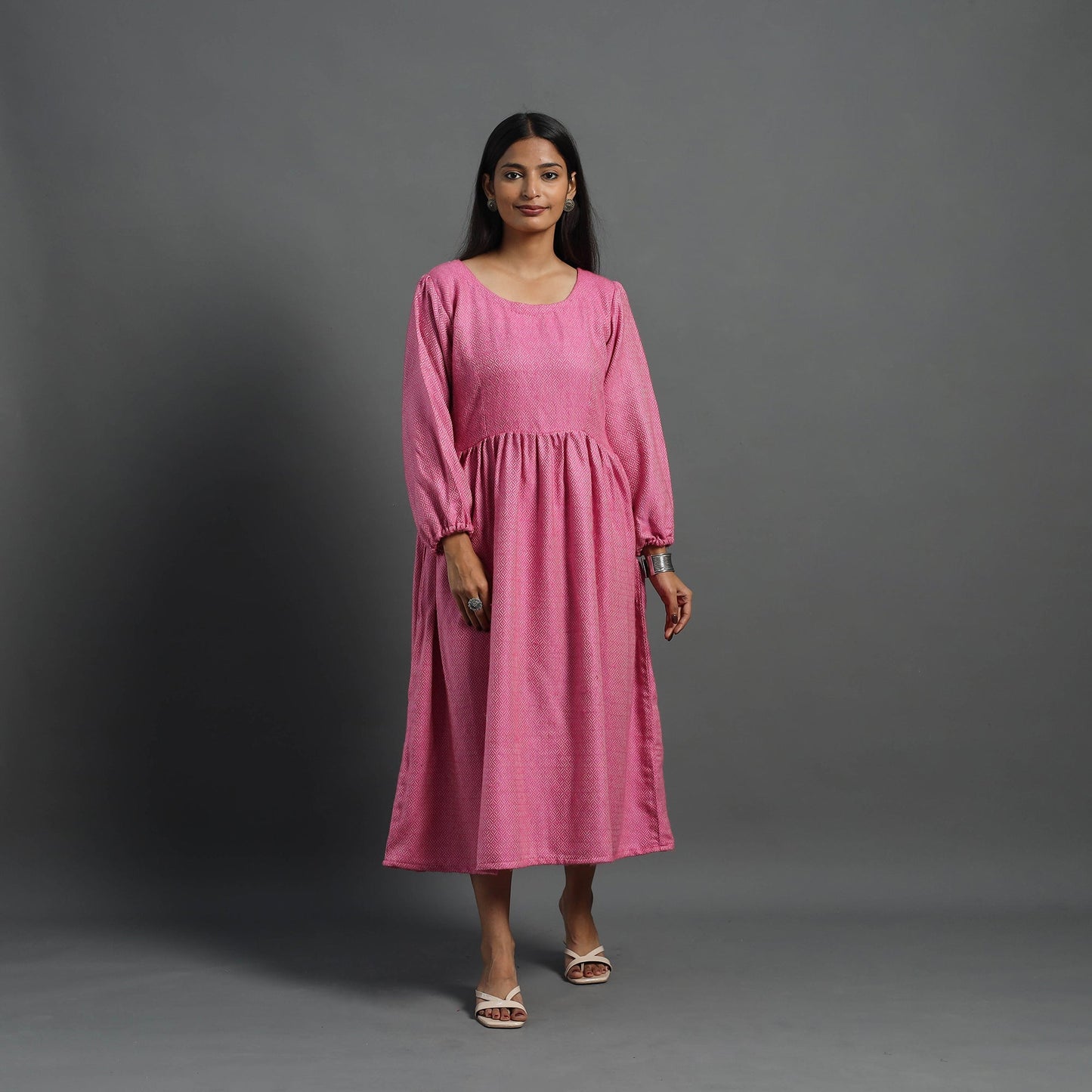 Mehak rose pink plain flared woolen dress 02 - handcrafted