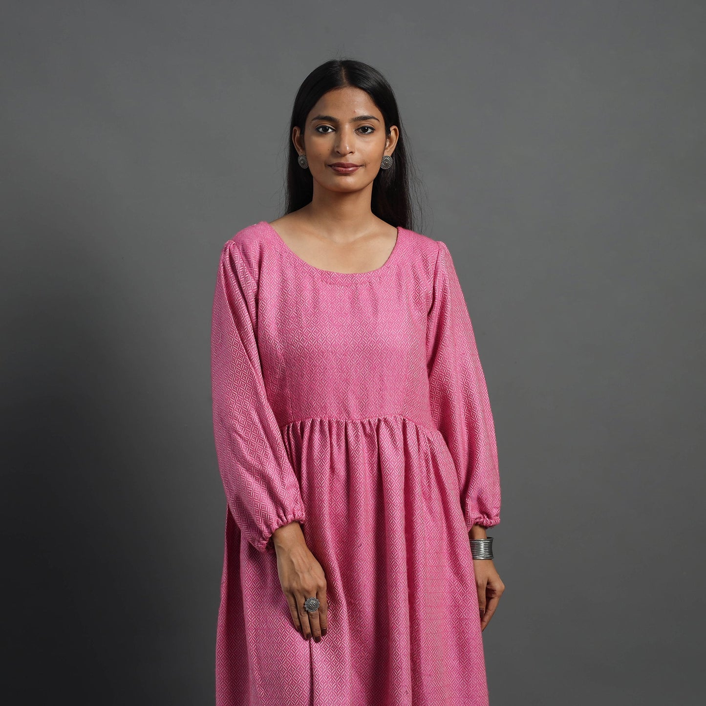 Mehak rose pink plain flared woolen dress 02 - handcrafted