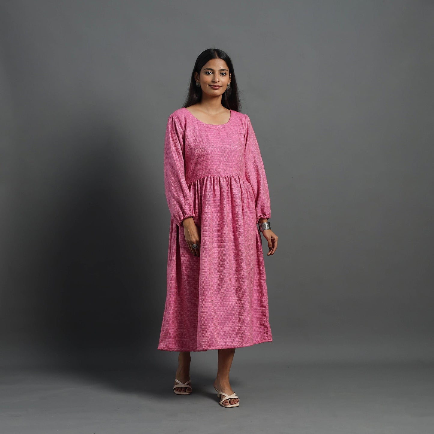 Mehak rose pink plain flared woolen dress 02 - handcrafted