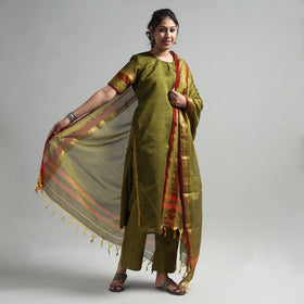 Mehendi Green - Dharwad Cotton Kurta with Palazzo & Dupatta Set
