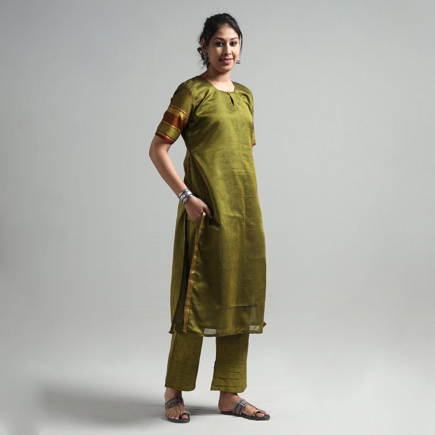 Mehendi Green - Dharwad Cotton Kurta with Palazzo & Dupatta Set