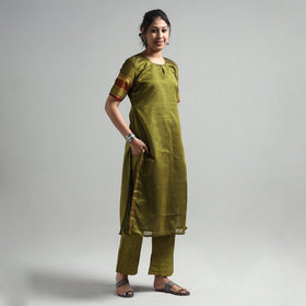 Mehendi Green - Dharwad Cotton Kurta with Palazzo & Dupatta Set