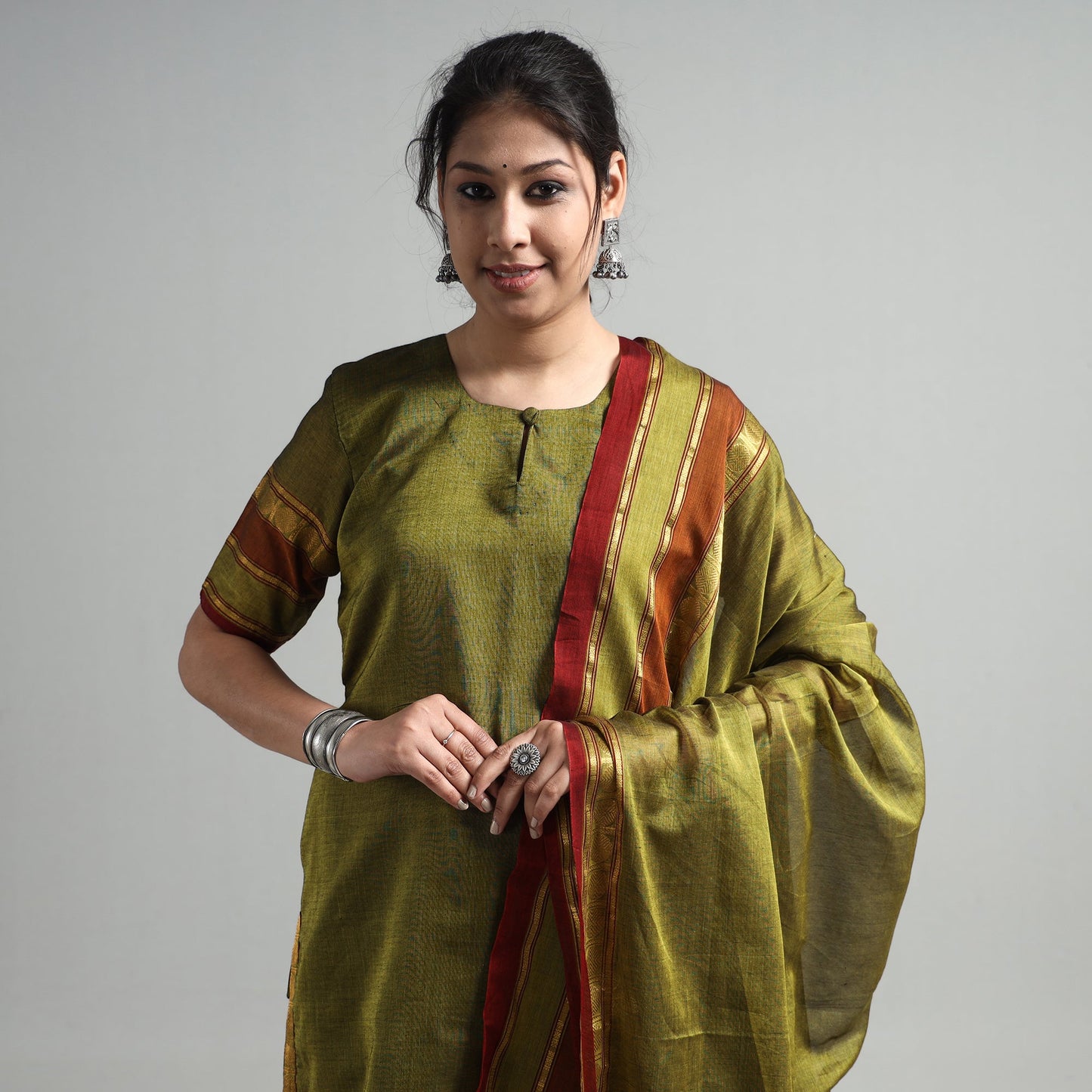 Mehendi Green - Dharwad Cotton Kurta with Palazzo & Dupatta Set