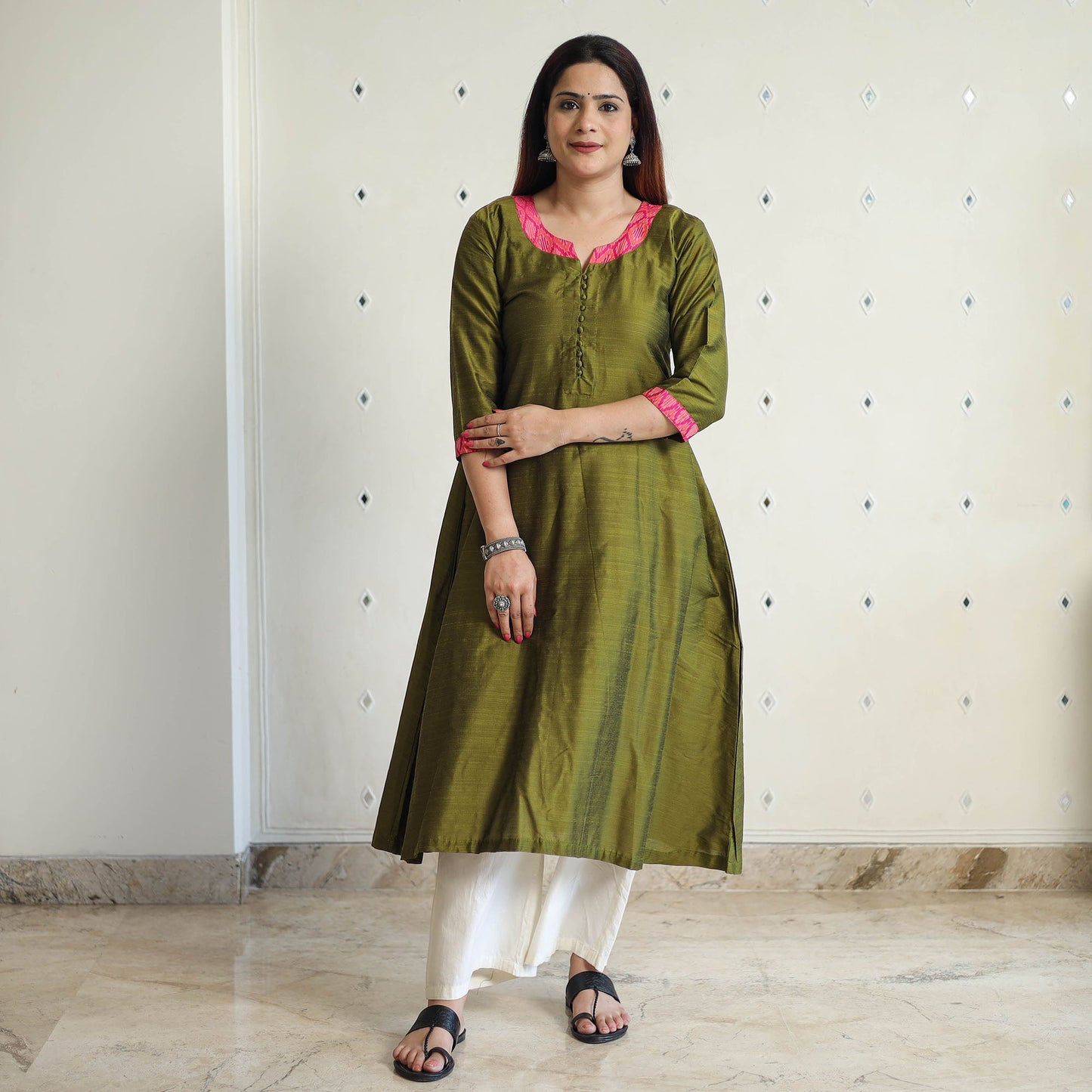 Buy Plain Solid Slub Silk Long A-Line Kurta for Women