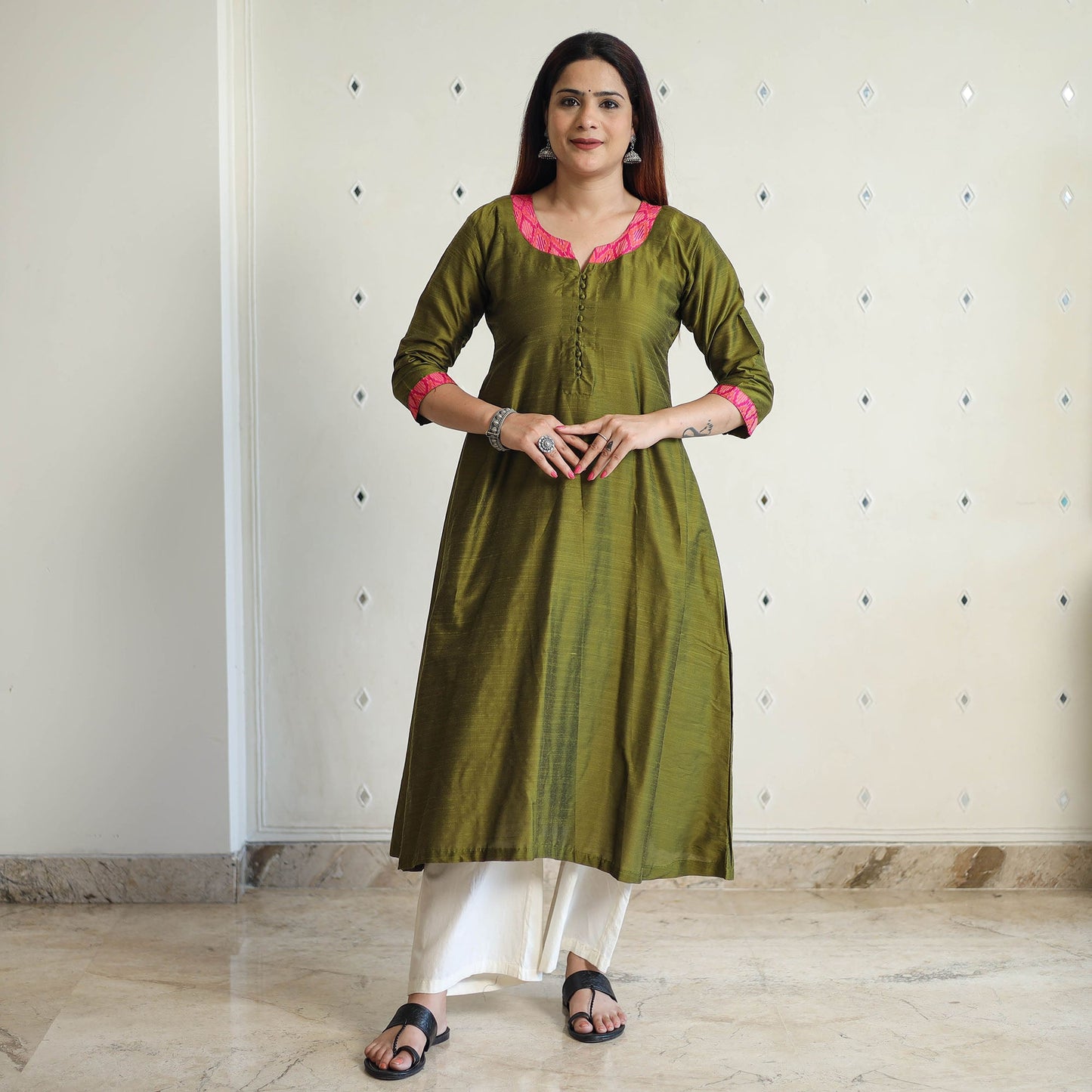 Buy Plain Solid Slub Silk Long A-Line Kurta for Women