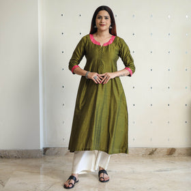 Buy Plain Solid Slub Silk Long A-Line Kurta for Women