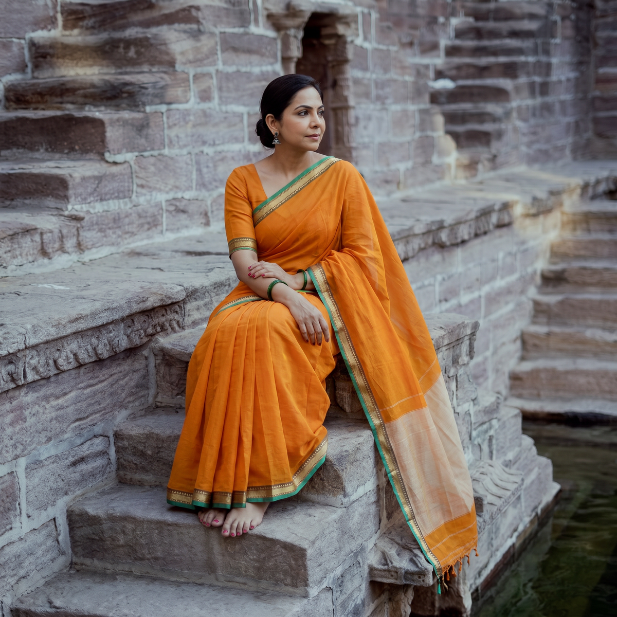 Orange Mercerised Cotton Dharwad Saree with Thread Border, draped and worn by a woman, AI visual of the saree, iTokri