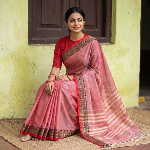 Pink Mercerised Cotton Dharwad Saree with Thread Border, draped and worn by a woman, AI visual of the saree, iTokri