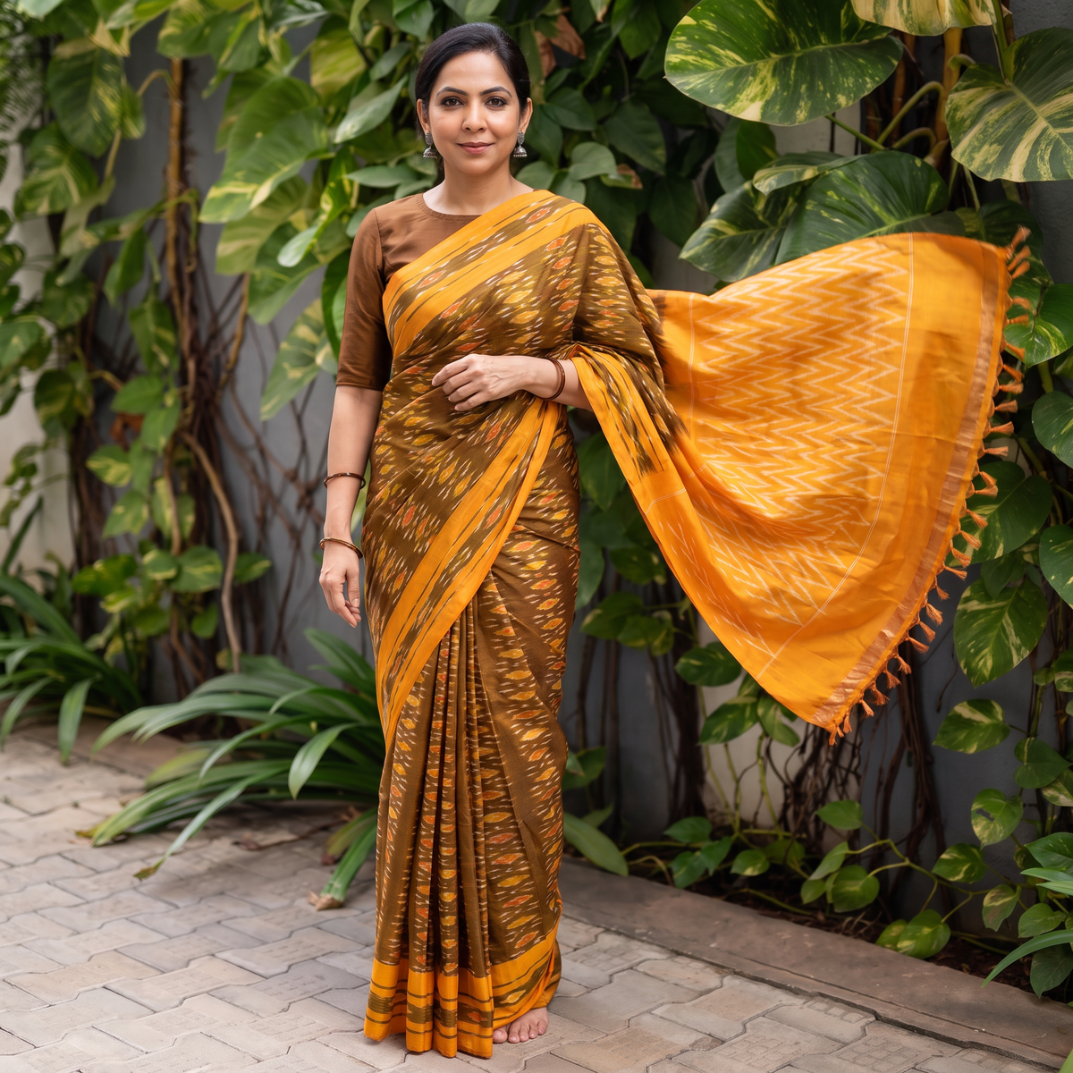 Yellow Mercerised Cotton Handloom Pochampally Ikat Saree, draped and worn by a woman, AI visual of the saree, iTokri