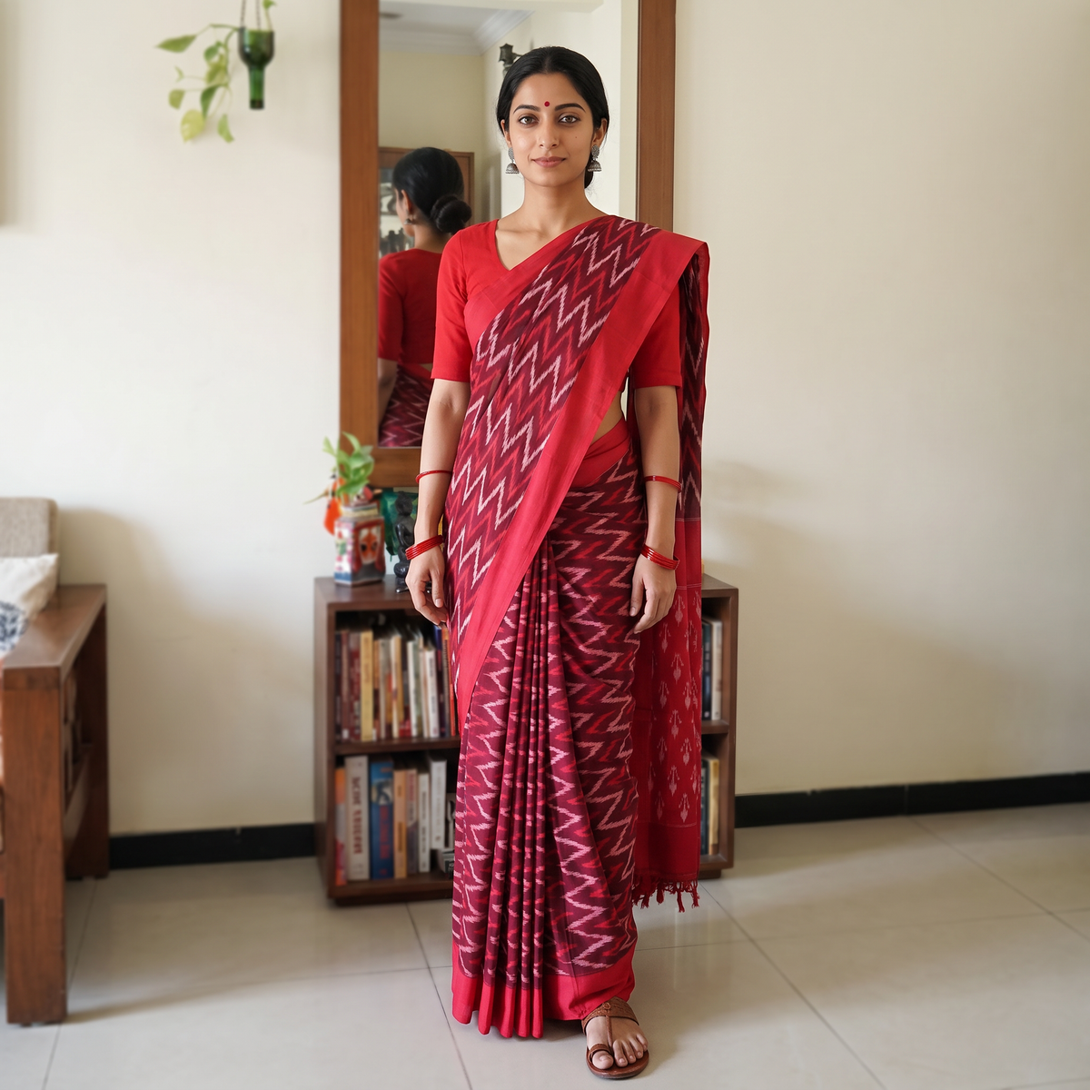 Maroon Mercerised Cotton Handloom Pochampally Ikat Saree, draped and worn by a woman, AI visual of the saree, iTokri