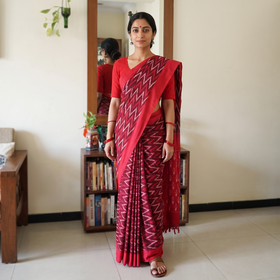 Maroon Mercerised Cotton Handloom Pochampally Ikat Saree, draped and worn by a woman, AI visual of the saree, iTokri