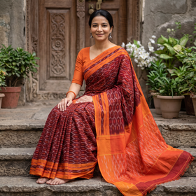 Maroon Mercerised Cotton Handloom Pochampally Ikat Saree, draped and worn by a woman, AI visual of the saree, iTokri