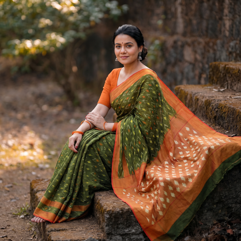 Green Mercerised Cotton Handloom Pochampally Ikat Saree, draped and worn by a woman, AI visual of the saree, iTokri