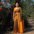 Brown Mercerised Cotton Handloom Pochampally Ikat Saree, draped and worn by a woman, AI visual of the saree, iTokri
