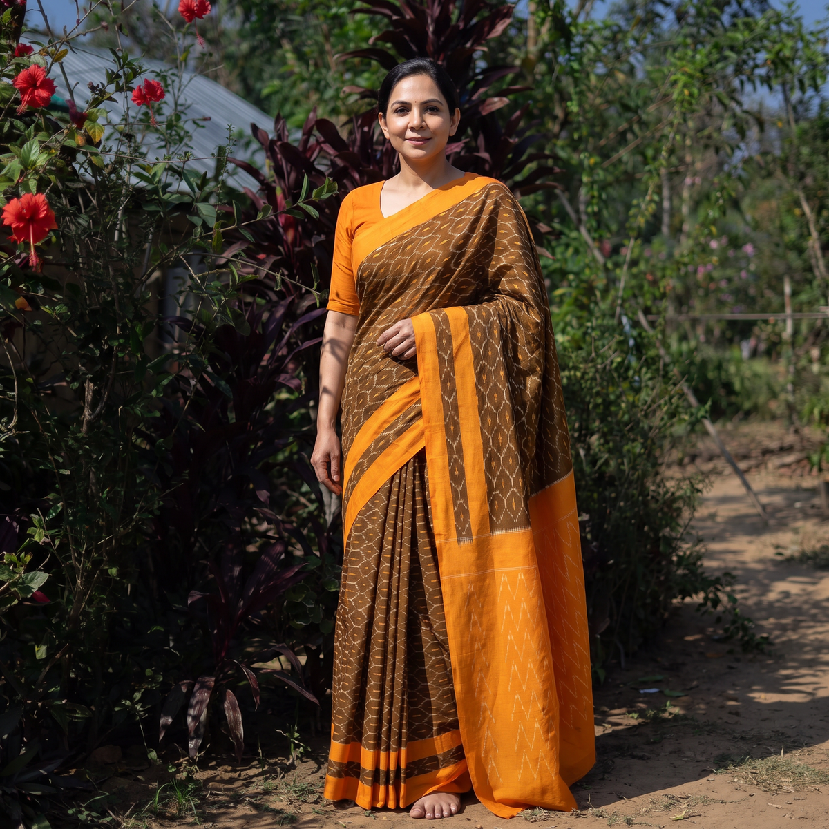 Brown Mercerised Cotton Handloom Pochampally Ikat Saree, draped and worn by a woman, AI visual of the saree, iTokri
