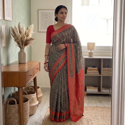 Brown Mercerised Cotton Handloom Pochampally Ikat Saree, draped and worn by a woman, AI visual of the saree, iTokri
