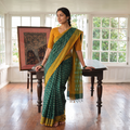 Green Mercerised Cotton Handloom Pochampally Ikat Saree, draped and worn by a woman, AI visual of the saree, iTokri