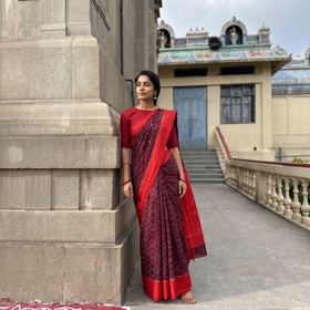 Maroon Mercerised Cotton Handloom Pochampally Ikat Saree, draped and worn by a woman, AI visual of the saree, iTokri