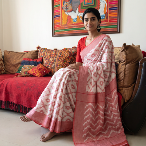 Pink Mercerised Cotton Handloom Pochampally Ikat Saree, draped and worn by a woman, AI visual of the saree, iTokri