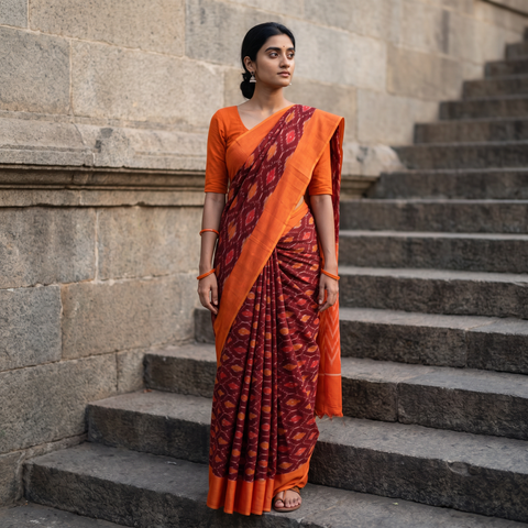 Maroon Mercerised Cotton Handloom Pochampally Ikat Saree, draped and worn by a woman, AI visual of the saree, iTokri