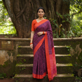 Purple Mercerised Cotton Handloom Pochampally Ikat Saree, draped and worn by a woman, AI visual of the saree, iTokri