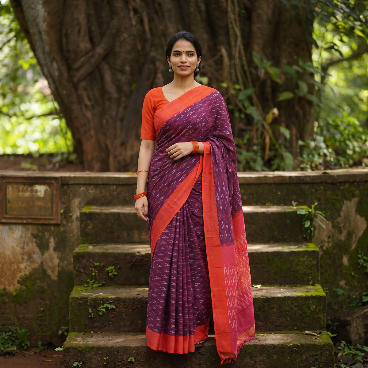 Purple Mercerised Cotton Handloom Pochampally Ikat Saree, draped and worn by a woman, AI visual of the saree, iTokri
