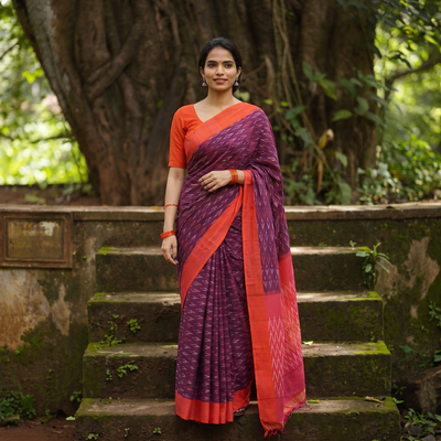 Purple Mercerised Cotton Handloom Pochampally Ikat Saree, draped and worn by a woman, AI visual of the saree, iTokri
