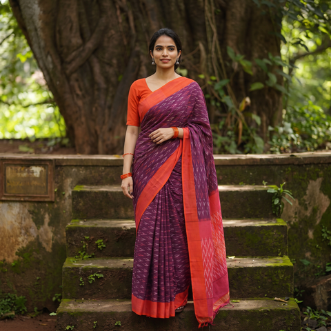 Purple Mercerised Cotton Handloom Pochampally Ikat Saree, draped and worn by a woman, AI visual of the saree, iTokri