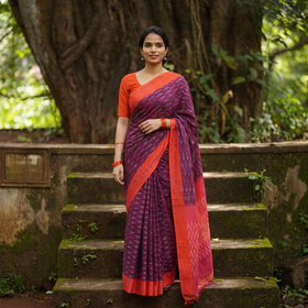 Purple Mercerised Cotton Handloom Pochampally Ikat Saree, draped and worn by a woman, AI visual of the saree, iTokri