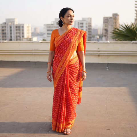 Red Mercerised Cotton Handloom Pochampally Ikat Saree, draped and worn by a woman, AI visual of the saree, iTokri