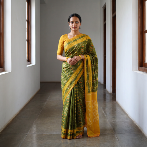 Green Mercerised Cotton Handloom Pochampally Ikat Saree, draped and worn by a woman, AI visual of the saree, iTokri