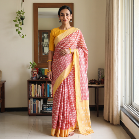 Pink Mercerised Cotton Handloom Pochampally Ikat Saree, draped and worn by a woman, AI visual of the saree, iTokri