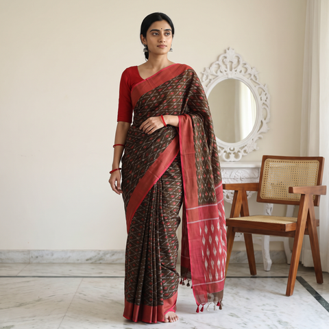 Green Mercerised Cotton Handloom Pochampally Ikat Saree, draped and worn by a woman, AI visual of the saree, iTokri