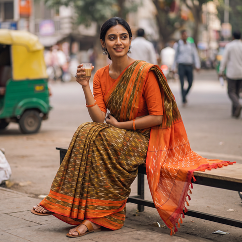 Green Mercerised Cotton Handloom Pochampally Ikat Saree, draped and worn by a woman, AI visual of the saree, iTokri