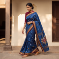 Blue Mercerised Cotton Silk Embroidered Khun Saree with Blouse Piece, draped and worn by a woman, AI visual of the saree, iTokri