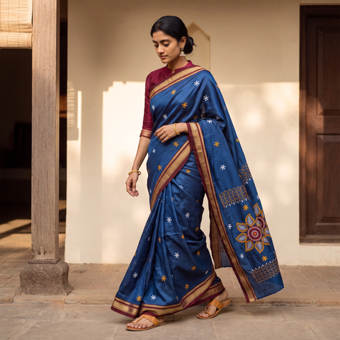 Blue Mercerised Cotton Silk Embroidered Khun Saree with Blouse Piece, draped and worn by a woman, AI visual of the saree, iTokri