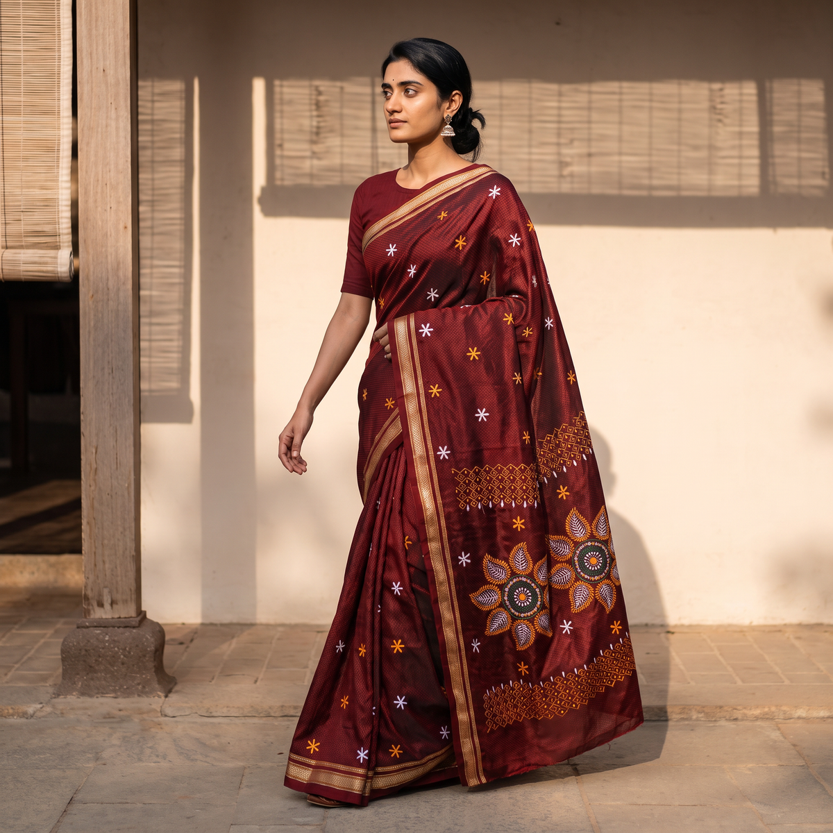 Maroon Mercerised Cotton Silk Embroidered Khun Saree with Blouse Piece, draped and worn by a woman, AI visual of the saree, iTokri