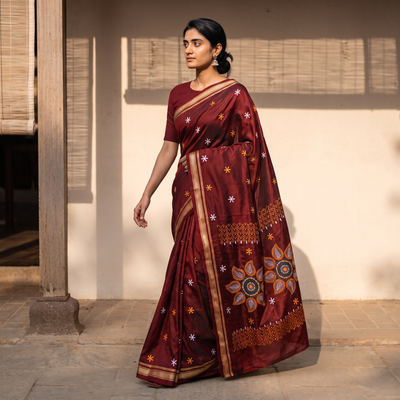Maroon Mercerised Cotton Silk Embroidered Khun Saree with Blouse Piece, draped and worn by a woman, AI visual of the saree, iTokri