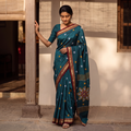 Green Mercerised Cotton Silk Embroidered Khun Saree with Blouse Piece, draped and worn by a woman, AI visual of the saree, iTokri