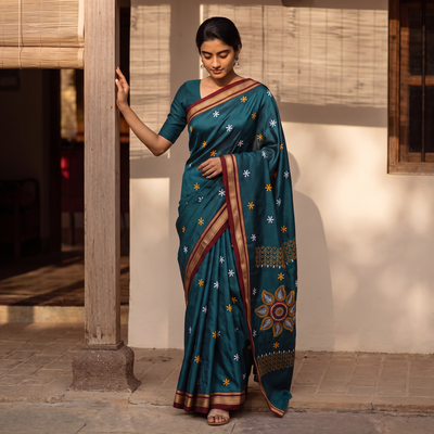 Green Mercerised Cotton Silk Embroidered Khun Saree with Blouse Piece, draped and worn by a woman, AI visual of the saree, iTokri