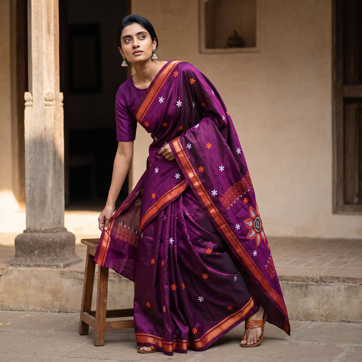 Purple Mercerised Cotton Silk Embroidered Khun Saree with Blouse Piece, draped and worn by a woman, AI visual of the saree, iTokri