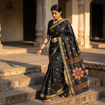 Black Mercerised Cotton Silk Embroidered Khun Saree with Blouse Piece, draped and worn by a woman, AI visual of the saree, iTokri