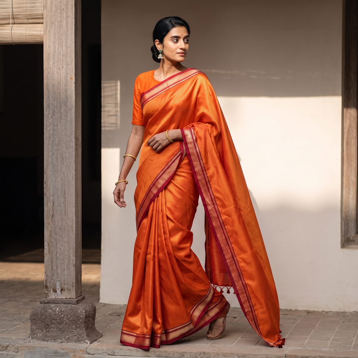 Orange Mercerised Cotton Silk Khun Saree with Blouse Piece, draped and worn by a woman, AI visual of the saree, iTokri