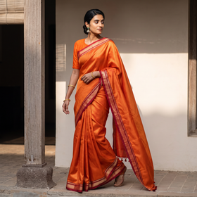 Orange Mercerised Cotton Silk Khun Saree with Blouse Piece, draped and worn by a woman, AI visual of the saree, iTokri