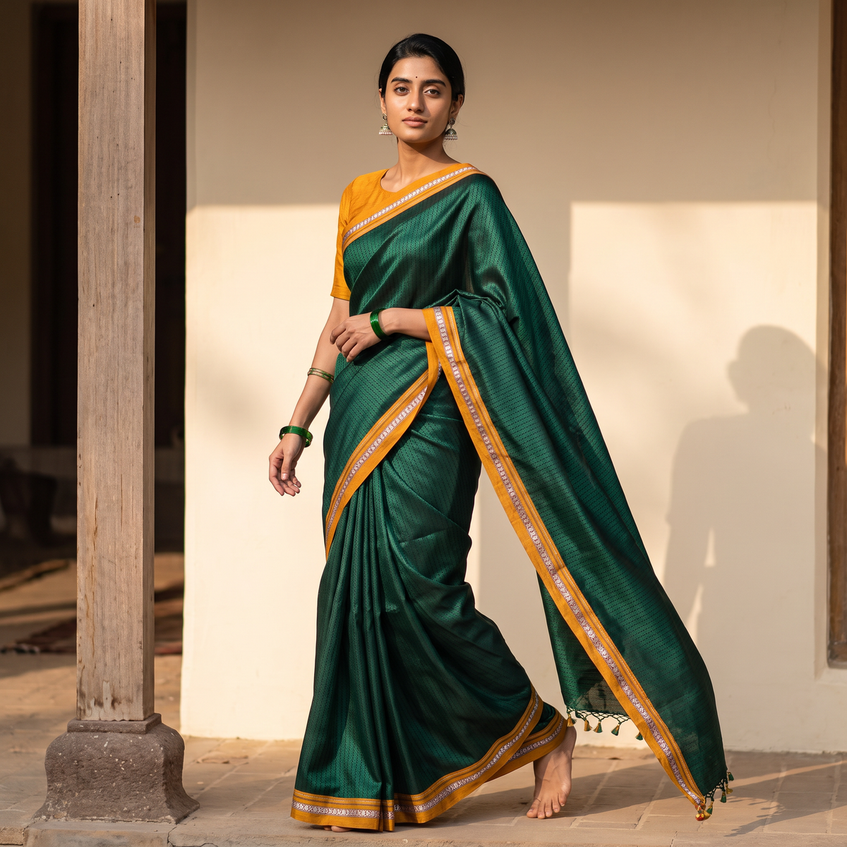 Green Mercerised Cotton Silk Khun Saree with Blouse Piece, draped and worn by a woman, AI visual of the saree, iTokri
