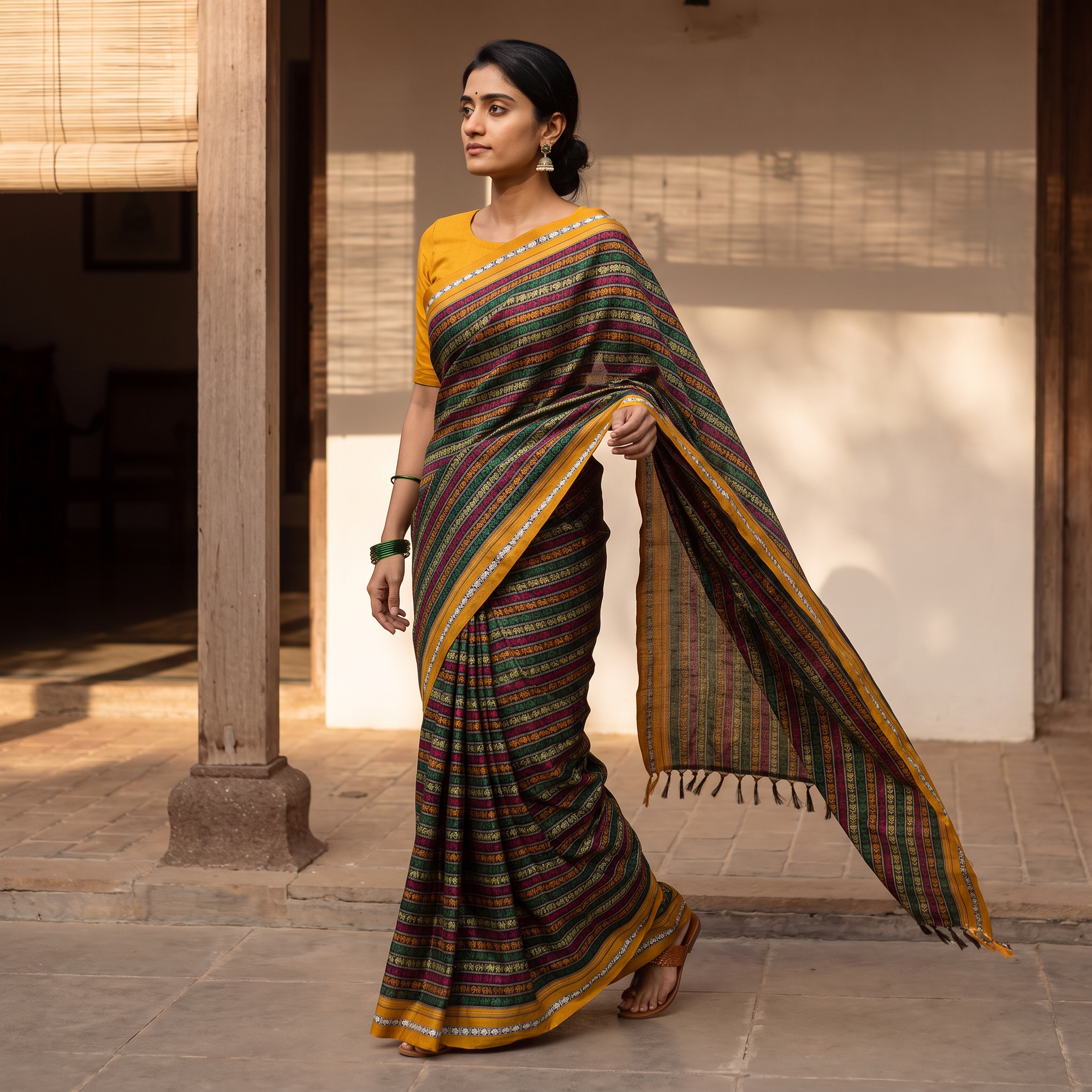 Multicolor Mercerised Cotton Silk Khun Saree with Blouse Piece, draped and worn by a woman, AI visual of the saree, iTokri