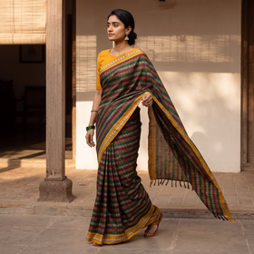 Multicolor Mercerised Cotton Silk Khun Saree with Blouse Piece, draped and worn by a woman, AI visual of the saree, iTokri