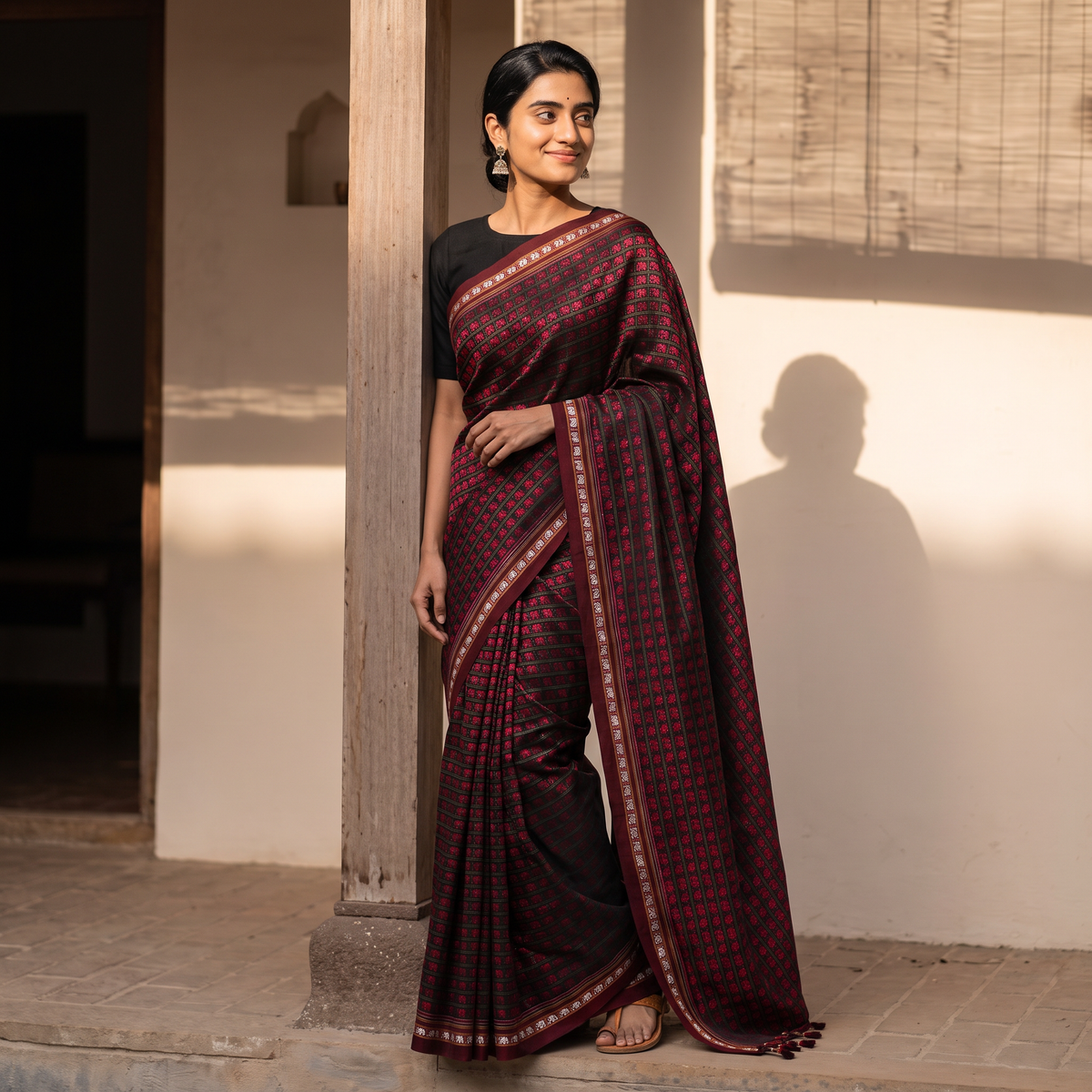 Maroon Mercerised Cotton Silk Khun Saree with Blouse Piece, draped and worn by a woman, AI visual of the saree, iTokri