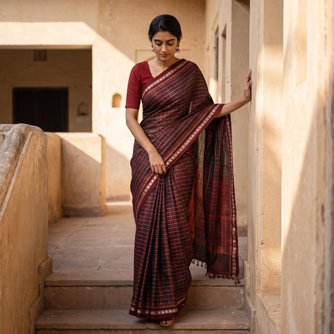 Maroon Mercerised Cotton Silk Khun Saree with Blouse Piece, draped and worn by a woman, AI visual of the saree, iTokri